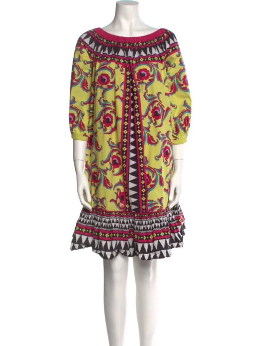 La DoubleJ Paloma Dress – Cherry Paisley & Mod Geo Print Off-Shoulder Shift XS-L - Picture 4 of 10